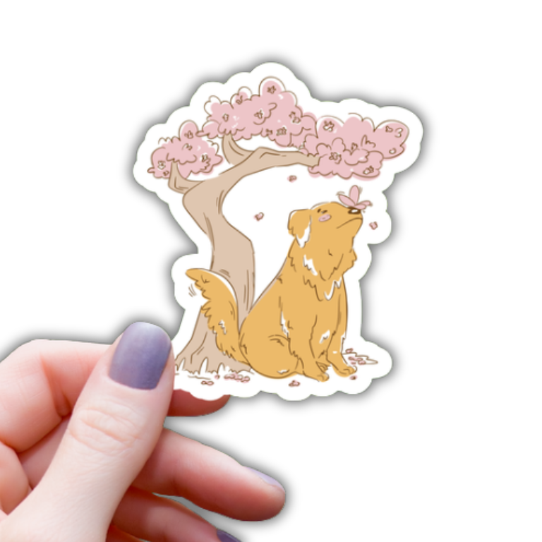 Golden Retriever Sakura Tree Sticker 3"